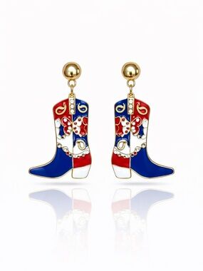 Gold Red, White & Blue Cowgirl Boot Drop Earrings